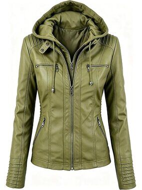 Women's Green Hooded Faux Leather Long Sleeve Zipper Motorcycle Jacket